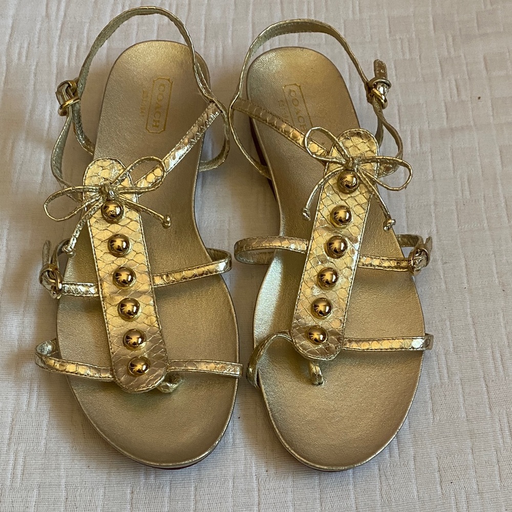 COACH Gold Strappy Sandals with Stud Accents